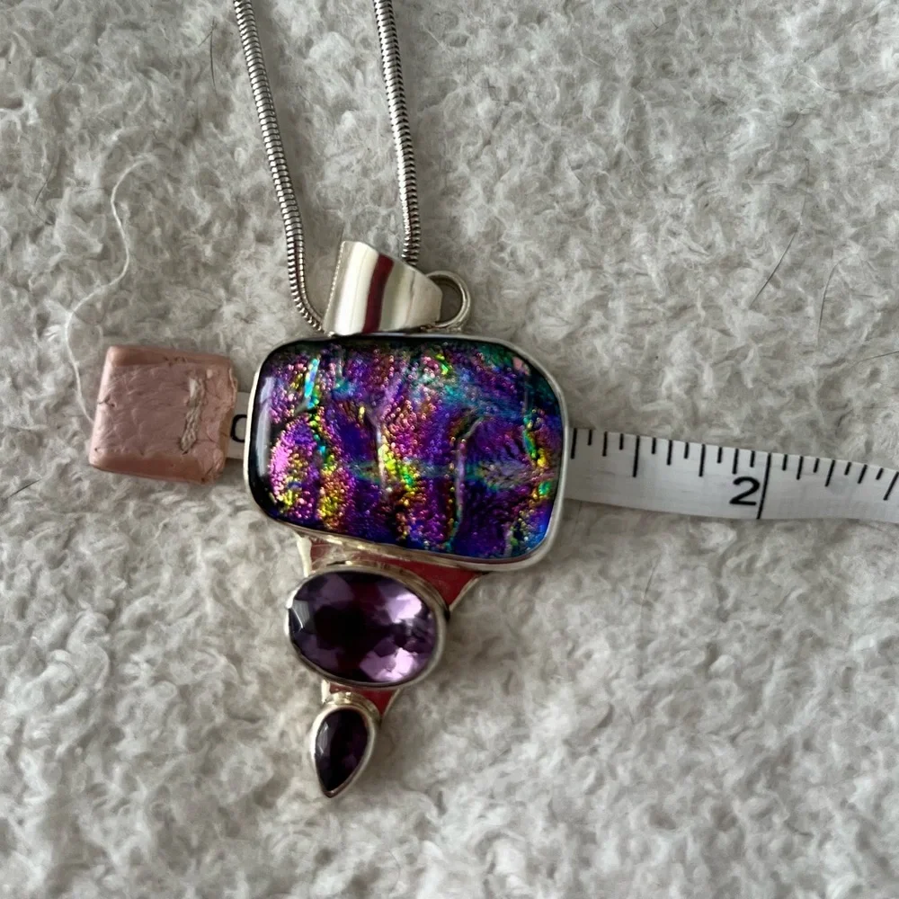 DICHROIC GLASS AMETHYST STERLING SILVER DESIGNER SIGNED PENDANT 16” SNAKE CHAIN - Picture 5 of 8